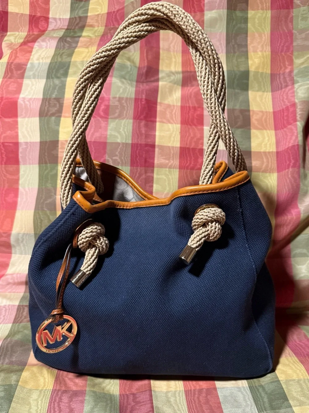Michael Kors Navy Canvas Shoulder Bag with Tan Trim and Cream Rope Handles